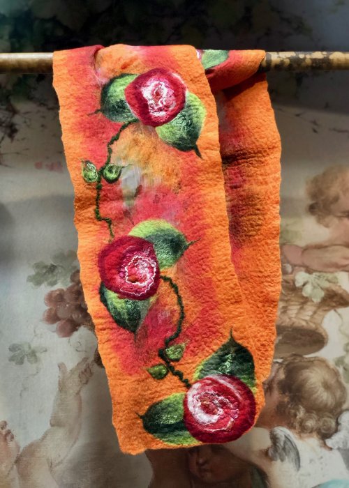 Agnes Foss - Felted Merino Scarf / Wrap - Red Roses on Orange Background with Organza Inserts